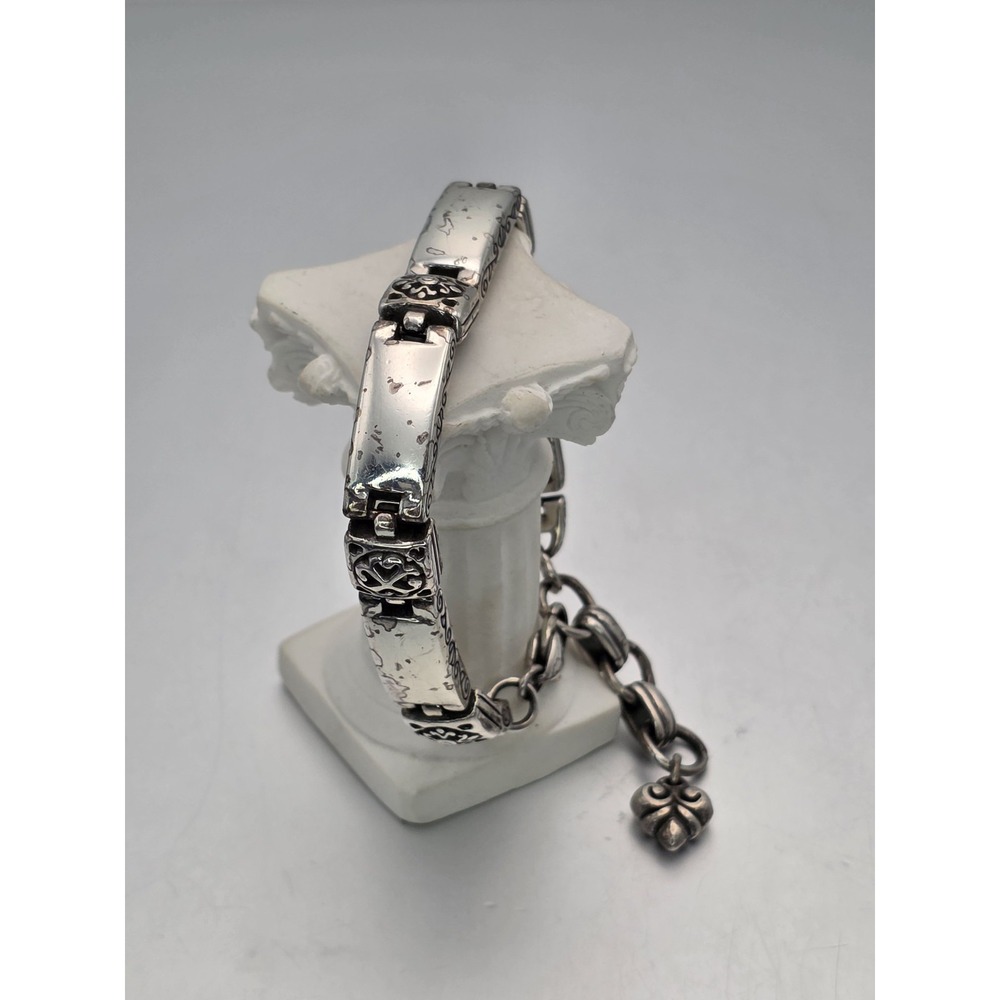 BRIGHTON Tribeca Silver Plate Scroll Bar Link Bracelet Heart Charm Shabby Sheik‎
